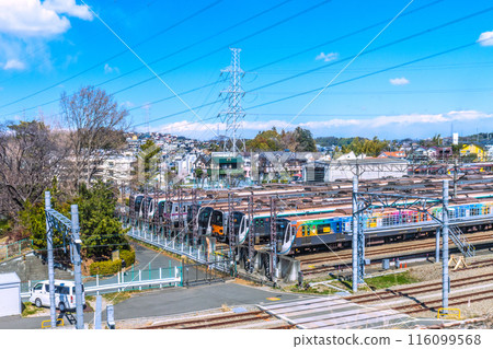 Tokyo cityscape in Japan: Trains lined up in a row... View of Nagatsuta Depot, which straddles the prefectural border between Tokyo and Tokyo (21st) Tokyo cityscape in Japan: Trains lined up in a row... View of Nagatsuta Depot, which straddles the prefectural border between Tokyo and Tokyo (21st) 116099568