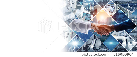 Image collage of the fusion of industry and science, industry-academia-government collaboration, horizontal visuals for banners and advertisements Image collage of the fusion of industry and science, industry-academia-government collaboration, horizontal visuals for banners and advertisements 116099904