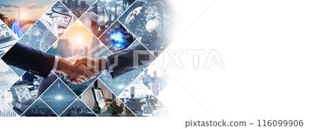 各種商業場景和技術圖像的拼貼橫幅和廣告的水平視覺 116099906