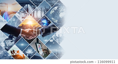 各種商業場景和技術圖像的拼貼橫幅和廣告的水平視覺 116099911