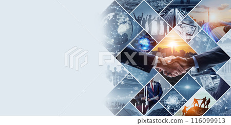 A collage of various business scenes and technology images. Horizontal visuals for banners and advertisements. A collage of various business scenes and technology images. Horizontal visuals for banners and advertisements. 116099913