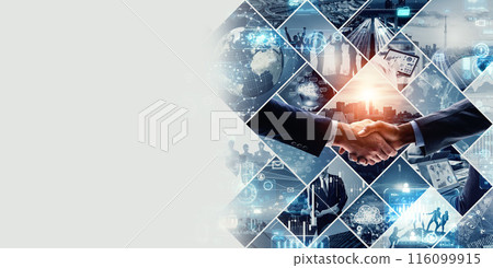 各種商業場景和技術圖像的拼貼橫幅和廣告的水平視覺 116099915