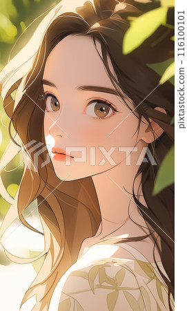 手绘卡通唯美的夏日森林中的漂亮女孩插画 116100101