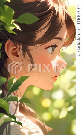 手绘卡通唯美的夏日森林中的漂亮女孩插画 116100103