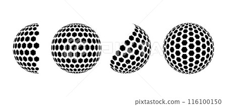 Black halftone pattern sphere set. Hexagon wireframe 3d circle collection. Grid globe element bundle. Round shape pack for tech poster, banner, cover, emblem. Vector illustration Black halftone pattern sphere set. Hexagon wireframe 3d circle collection. Grid globe element bundle. Round shape pack for tech poster, banner, cover, emblem. Vector illustration 116100150