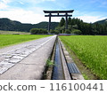 A road leading to a torii gate leading through a rural landscape 116100441