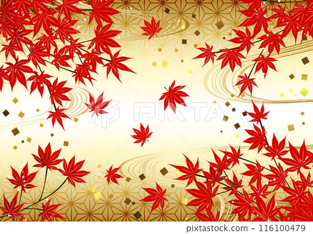 Autumn leaves, Japanese pattern, flowing water, gold, Japanese style, illustration, horizontal 116100479