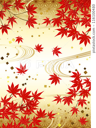 Autumn leaves, Japanese pattern, running water, gold, Japanese style, illustration, vertical 116100480
