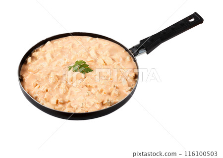 Homemade chicken stroganoff in aluminum pan isolated on white background Homemade chicken stroganoff in aluminum pan isolated on white background 116100503