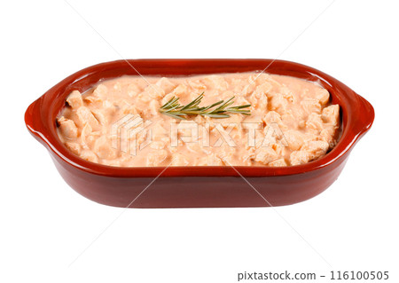homemade chicken stroganoff in ceramic bowl isolated on white background homemade chicken stroganoff in ceramic bowl isolated on white background 116100505