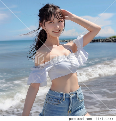 Blue sea, white sand and a beautiful woman 116100833