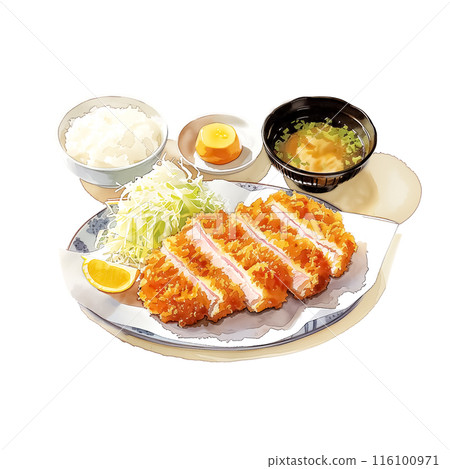 Watercolor illustration of a pork cutlet set meal on white background 116100971