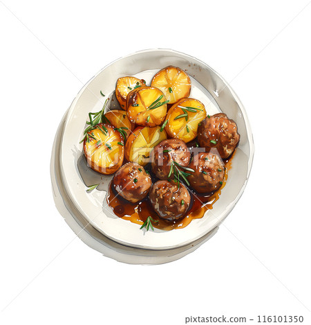 白色背景下肉丸和馬鈴薯的水彩插圖 116101350