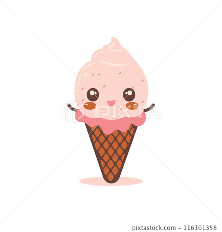 Vector Design of Cute Pink Strawberry Cone Ice Cream Cartoon Character with Happy Expression Vector Design of Cute Pink Strawberry Cone Ice Cream Cartoon Character with Happy Expression 116101358
