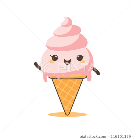 Vector Design of Cute Pink Strawberry Cone Ice Cream Cartoon Character with Happy Expression Vector Design of Cute Pink Strawberry Cone Ice Cream Cartoon Character with Happy Expression 116101359