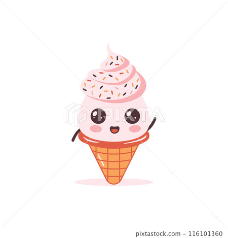 Vector Design of Cute Pink Strawberry Cone Ice Cream Cartoon Character with Happy Expression Vector Design of Cute Pink Strawberry Cone Ice Cream Cartoon Character with Happy Expression 116101360