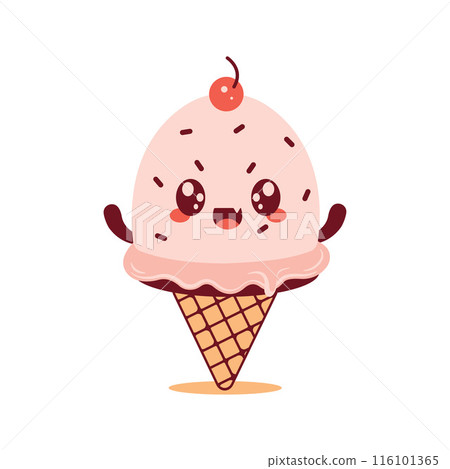 Vector Design of Cute Pink Cherry Cone Ice Cream Cartoon Character with Happy Expression Vector Design of Cute Pink Cherry Cone Ice Cream Cartoon Character with Happy Expression 116101365