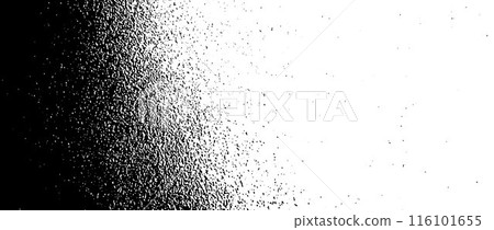 Black gritty grunge gradient texture. Grain overlay background. Distressed noise surface with dust, sand, particles, specks, speckles. Rough dirty granule backdrop of concrete, cement, gravel. Vector Black gritty grunge gradient texture. Grain overlay background. Distressed noise surface with dust, sand, particles, specks, speckles. Rough dirty granule backdrop of concrete, cement, gravel. Vector 116101655