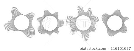 Black sound wave line pattern set. Radial audio, music or voice icon collection. Linear undulate wavy equalizer spectrum symbol pack. Circle sunburst frame bundle. Vector soundwave elements 116101657