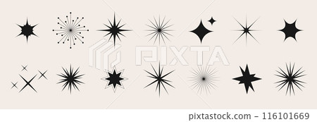 Blinking stars, sparks and sparkles set. Shining twinkle sunburst shapes collection. Magic light flares pack for design template, poster, banner, brochure, leaflet. Vector glint glitter illustration Blinking stars, sparks and sparkles set. Shining twinkle sunburst shapes collection. Magic light flares pack for design template, poster, banner, brochure, leaflet. Vector glint glitter illustration 116101669