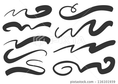 Swoosh vector underlines. Swish and swash swirl lines. Squiggle hand drawn calligraphic stroke. Doodle decorative paint wavy flourish on white background. 116101939