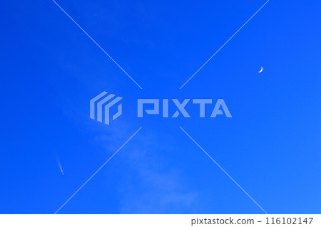 Moon, blue sky and airplane Moon, blue sky and airplane 116102147