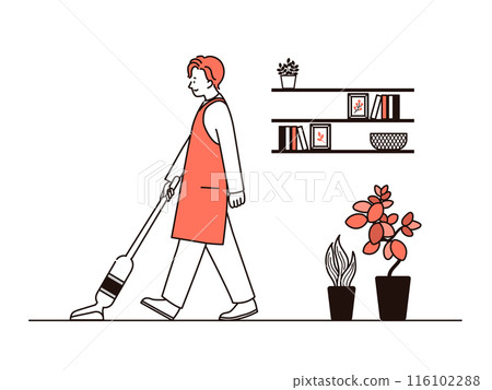 Illustration of a man wearing an apron vacuuming 116102288