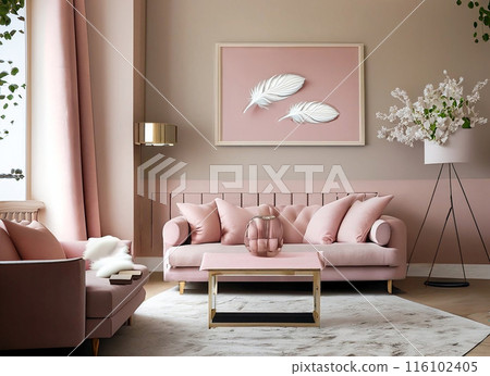 以淺粉色和木紋為主調的女性化客廳 116102405