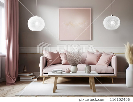 以淺粉色和木紋為主調的女性化客廳 116102406