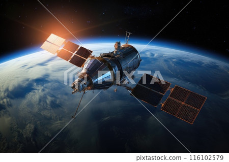 Satellite orbiting over Earth in space 116102579