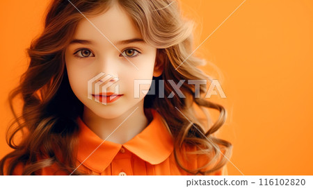 Portrait of a chic cute beautiful baby girl with perfect skin, purple background, banner. 116102820