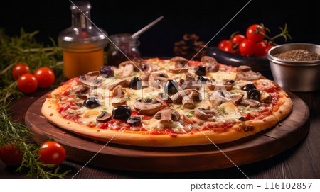 Delicious aromatic pizza with gooey cheese, salami, pepperoni, and basil, next to the ingredients on a dark table surface. 116102857