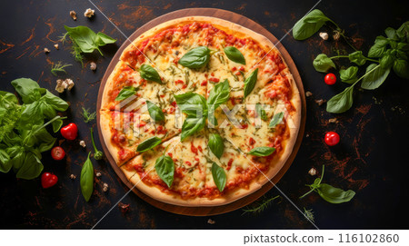 Delicious aromatic pizza with gooey cheese, salami, pepperoni, and basil, next to the ingredients on a dark table surface. 116102860
