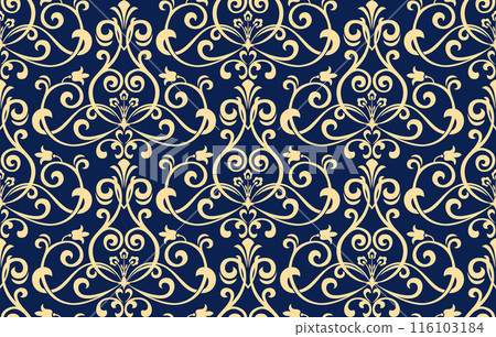 Floral pattern. Vintage wallpaper in the Baroque style. Seamless vector background. Golden and dark blue ornament for fabric, wallpaper, packaging. Ornate Damask flower ornament Floral pattern. Vintage wallpaper in the Baroque style. Seamless vector background. Golden and dark blue ornament for fabric, wallpaper, packaging. Ornate Damask flower ornament 116103184