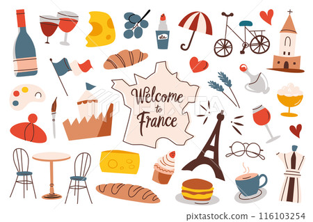 France symbols collection, welcome to france lettering, country map, Eiffel tower, croissant, cafe icons, vector illustrations of french flag and paris landmarks, travel in Europe simple cute doodles France symbols collection, welcome to france lettering, country map, Eiffel tower, croissant, cafe icons, vector illustrations of french flag and paris landmarks, travel in Europe simple cute doodles 116103254