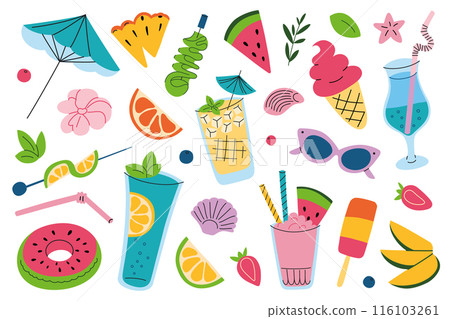 Vector illustrations of summer icons and accessories, cartoon collection with flat doodles of tropical fruits, drinks, sunglasses and umbrellas. Colorful beach set, vacation in tropical theme 116103261