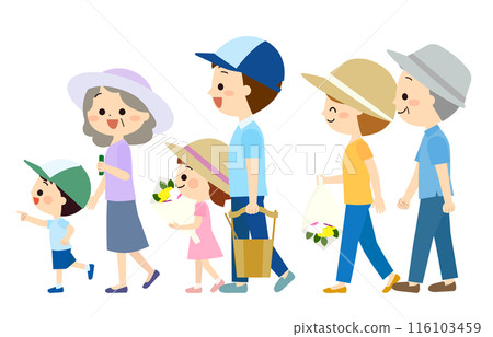 Smiling three-generation family visiting a grave 116103459