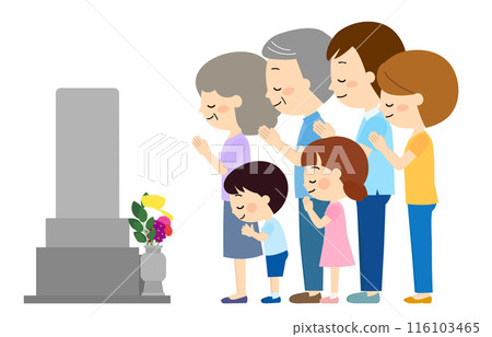 Three generations of family members visiting a grave 116103465