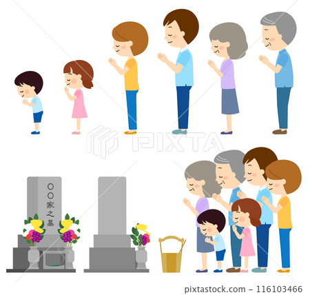 Three generations of family members visiting a grave 116103466