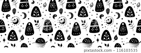 Seamless neo folk art vector pattern with mountains, moon and flowers, black and white floral design. Neo folk style endless background perfect for textile design. 116103535