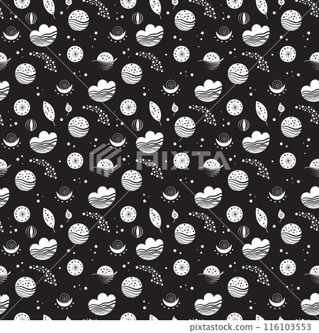 Seamless neo folk patterns with moon, cloud, sun and stars, black and white celestial design. Set Neo folk style endless backgrounds perfect for textile design. 116103553
