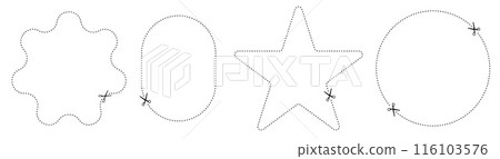 Cut here icon. Set of scissors cutting shape, paper cut here icon with dotted line for ticket, coupon, promo code. Cut here icon. Set of scissors cutting shape, paper cut here icon with dotted line for ticket, coupon, promo code. 116103576