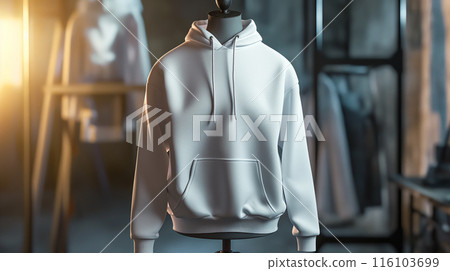 Advertisiment shot, gray sports hoodie as no brand mockup on a mannequin in the shop with other cloth at the background 116103699