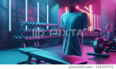 Advertisiment shot, gray classic sports t-shirt as no brand mockup on a mannequin in the gym with blue purple colors on background 116103701