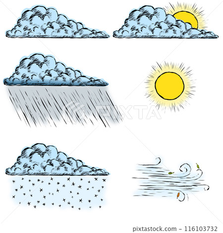 A set of clouds and weather conditions for the weather forecast. Black Hand Sketch Stroke. Vector illustration A set of clouds and weather conditions for the weather forecast. Black Hand Sketch Stroke. Vector illustration 116103732