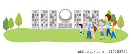 A family visiting a communal grave with a monument 116103751