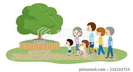 A family visiting a grave at a tree burial cemetery 116103753