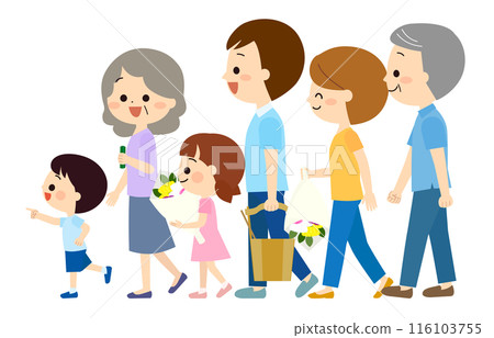 Smiling three-generation family visiting a grave 116103755