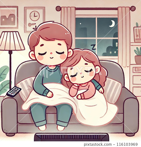 Parents and children who fell asleep while watching TV Parents and children who fell asleep while watching TV 116103969