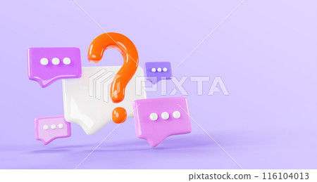 3d speech bubbles with faq sign render purple background. Question answer communication banner. Dialogue, speak and chat message boxes, frames, ask balloon, social media web icons. 3D illustration 116104013